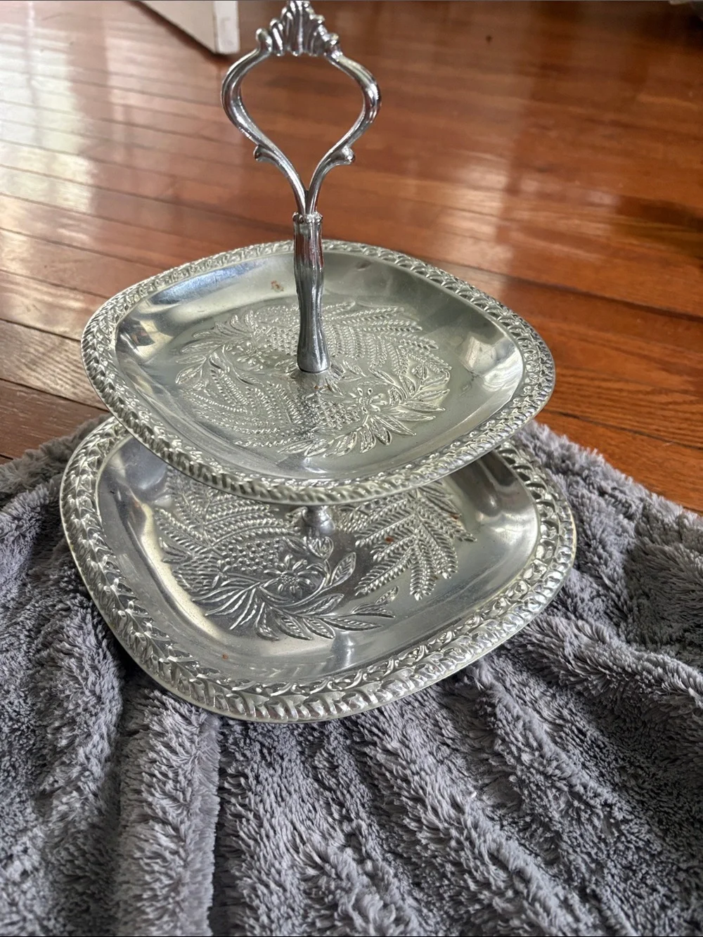 Two-Tier Silver Serving Tray - Elegant Metal Dessert Stand